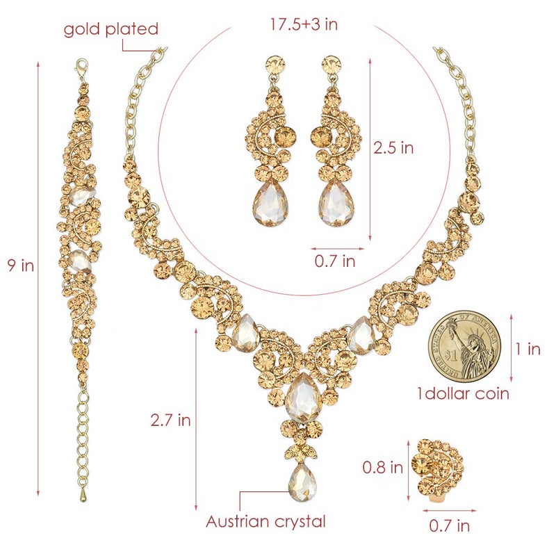 CSY 4 Pcs/Sets Elegant Crystal Necklace Earrings Bracelet Ring Bridal Wedding Costume Jewelry Sets for Brides Women Gifts (gold plated-champagne) - Image 2